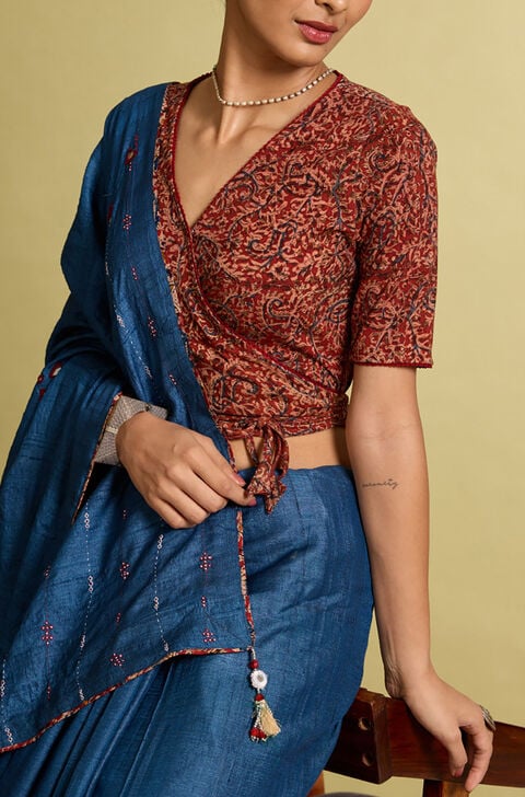 Rust Orange Printed Saree Blouse – Rust Orange & Blue